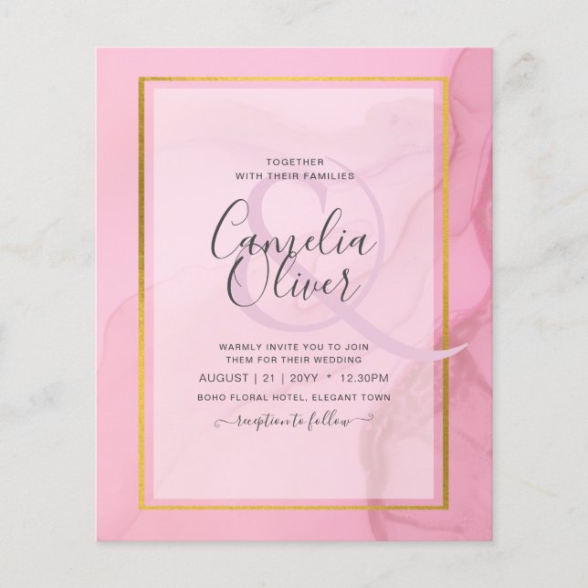 Flyer Convite de casamento de Mão Dourada rosa branco Le (Frente)