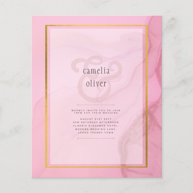 Flyer Convite de casamento de Mão Dourada rosa branco Le (Frente)