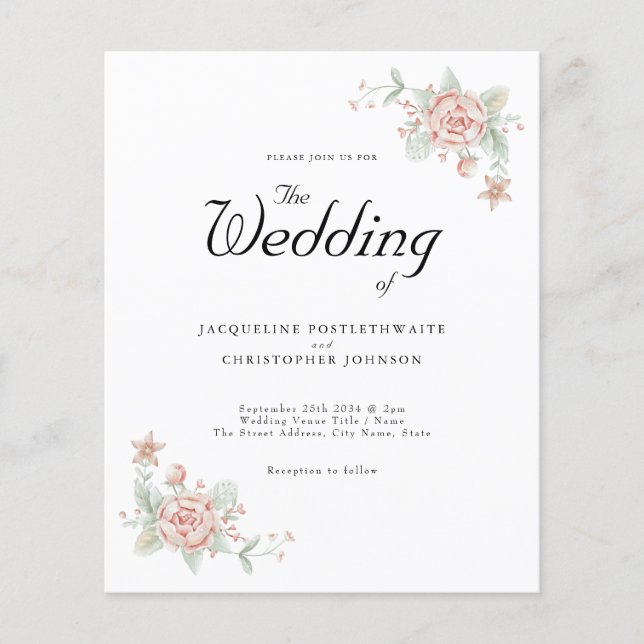 Flyer Convite De Casamento De Orçamento Peonia Rosa Chic (Frente)