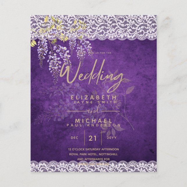 Flyer CONVITE DE CASAMENTO de rendas plorais roxas da Wi (Frente)