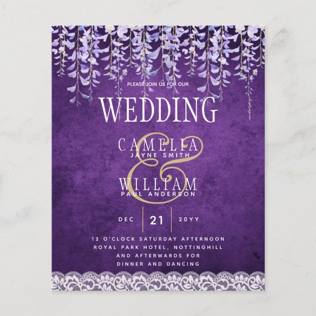 Flyer CONVITE DE CASAMENTO de rendas plorais roxas da Wi (Frente)
