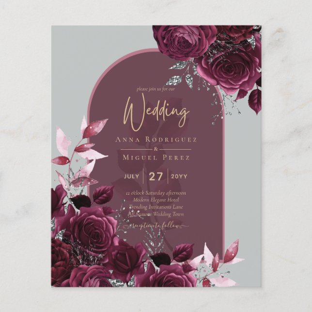 Flyer Convite de casamento de texto Dourado Rosas de vin (Frente)