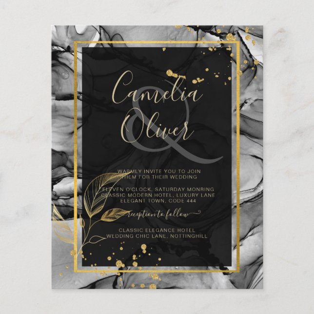 Flyer Convite de casamento de tinta Dourada a álcool Lea (Frente)