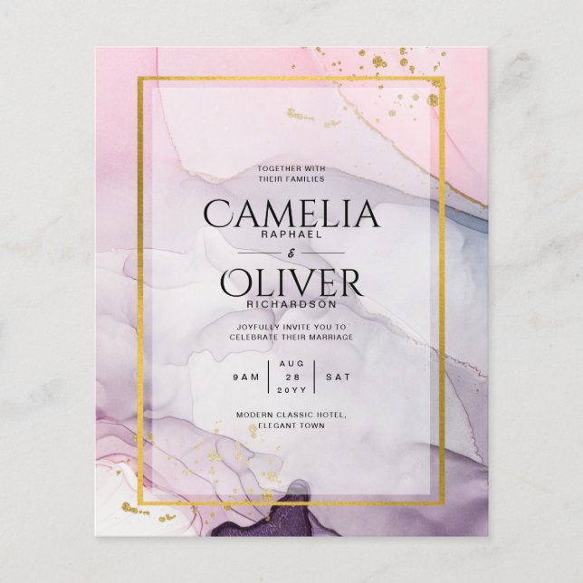 Flyer Convite de casamento de TINTA Dourada, cor-de-rosa (Frente)