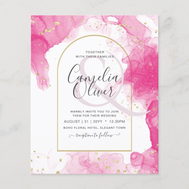 Flyer Convite de casamento de TINTA DOURADA LeahG PINK (Frente)