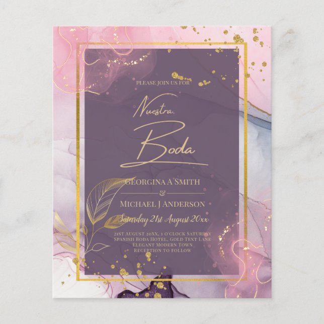Flyer CONVITE DE CASAMENTO de Tinta Dourada Rosa Púrpura (Frente)