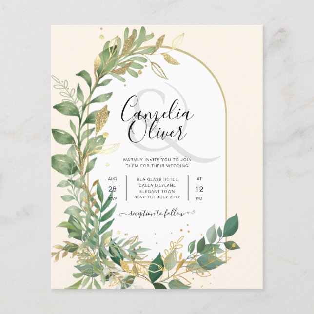Flyer Convite de casamento Dourado Folha Botânica Modern (Frente)