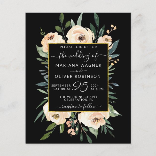 Flyer Convite de casamento dourado preto floral orçament (Frente)