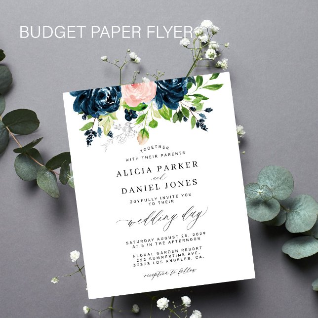 Flyer Convite de casamento elegante floral rosa marinho  (Criador carregado)