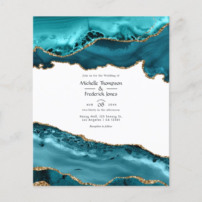 Flyer Convite de Casamento em Ágata Azul e Dourado Econô (Frente)