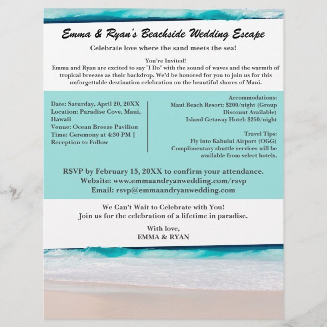Flyer Convite de Casamento em Destino de Praia Acessível (Frente)