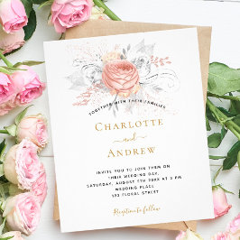 Flyer Convite de casamento em prata floral dourado rosa 