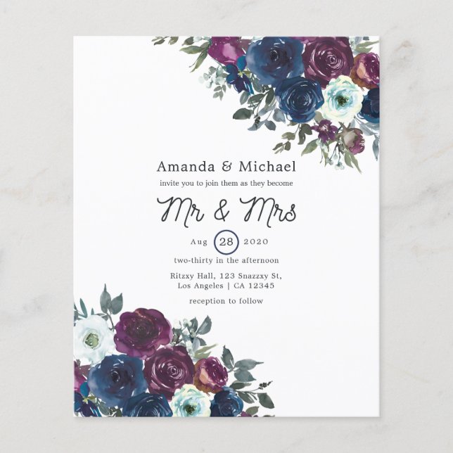 Flyer Convite de Casamento Floral Ameixa e Azul Marinho (Frente)