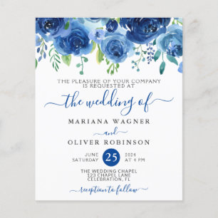 Flyer Convite de Casamento Floral Azul Marinho Econômico