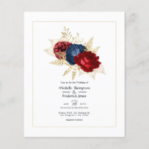 Convite de Casamento Floral Azul Marinho, Vermelho