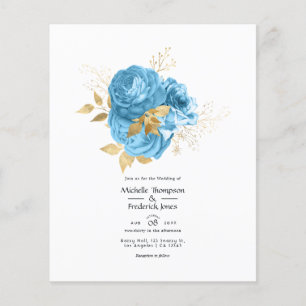 Flyer Convite de Casamento Floral Azul Pastel e Dourado