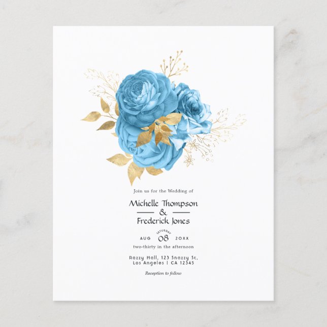 Flyer Convite de Casamento Floral Azul Pastel e Dourado (Frente)