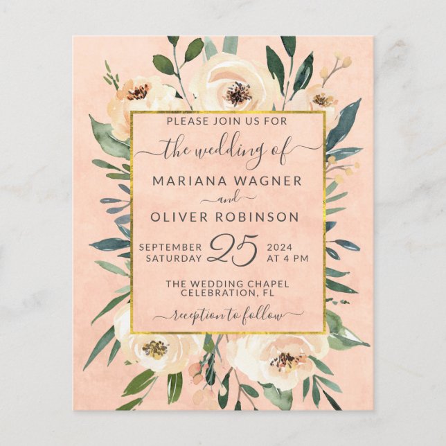 Flyer Convite de casamento floral bege dourado rosa orça (Frente)