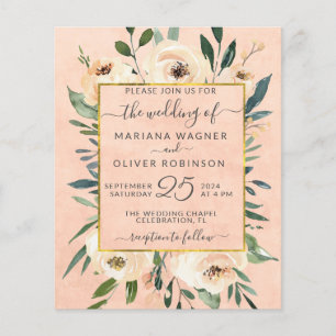 Flyer Convite de casamento floral bege dourado rosa orça