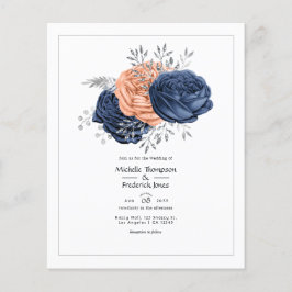 Flyer Convite de Casamento Floral Coral, Azul Marinho e 