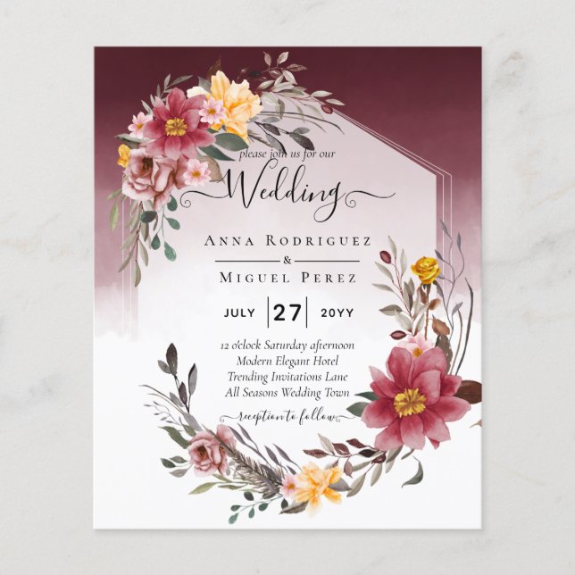 Flyer Convite De Casamento Floral De Burgundy Fall (Frente)