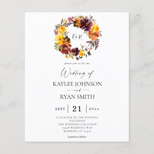 Flyer Convite de Casamento Floral de Outono Laranja e Am (Frente)