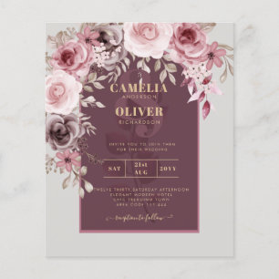 Flyer CONVITE DE CASAMENTO Floral de Vinho de Maroon Ros