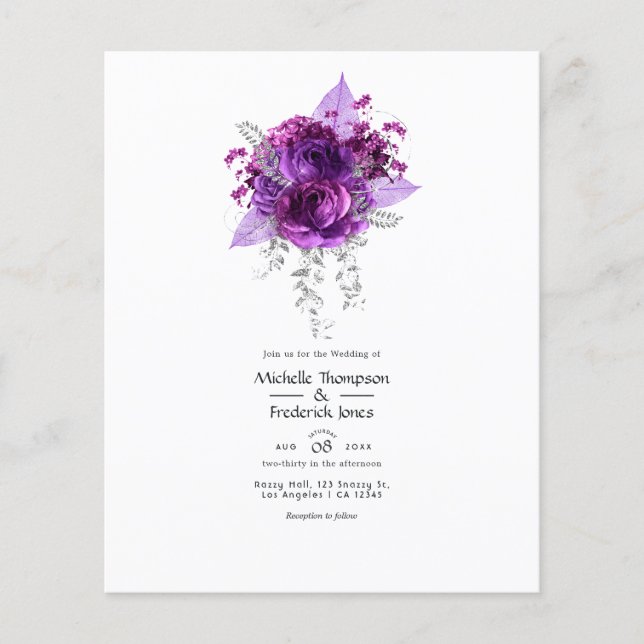 Flyer Convite de Casamento Floral em Aquarela Roxo e Azu (Frente)