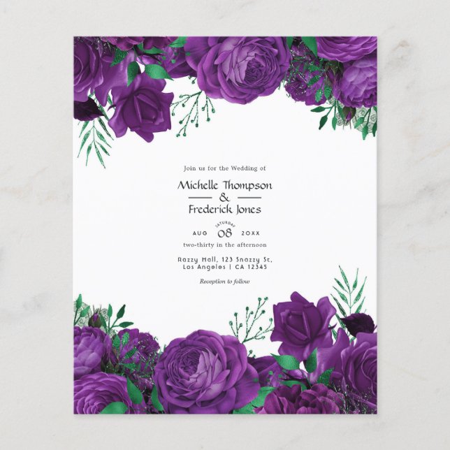 Flyer Convite de Casamento Floral em Aquarela Roxo e Ver (Frente)