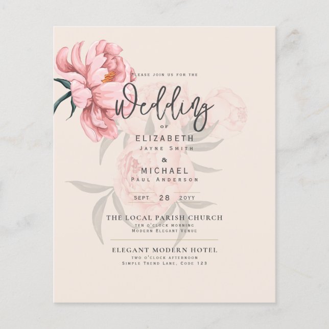 Flyer Convite de casamento Floral Moderno de Peonias Ros (Frente)