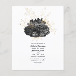 Flyer Convite de Casamento Floral Preto e Dourado Vintag