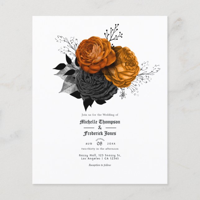 Flyer Convite de Casamento Floral Preto e Laranja Gótico (Frente)