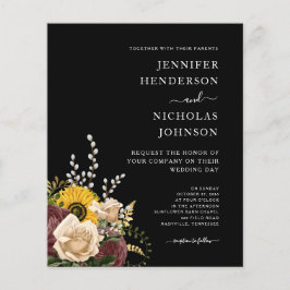 Flyer Convite de Casamento Floral Preto Elegante e Econô