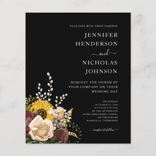 Flyer Convite de Casamento Floral Preto Elegante e Econô (Frente)