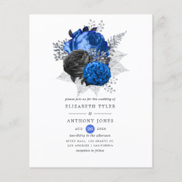 Flyer Convite de casamento Floral Real Azul, Preto e Pra