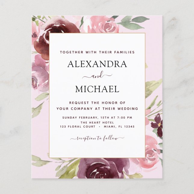 Flyer Convite de Casamento Floral Rosa Borgonha Econômic (Frente)