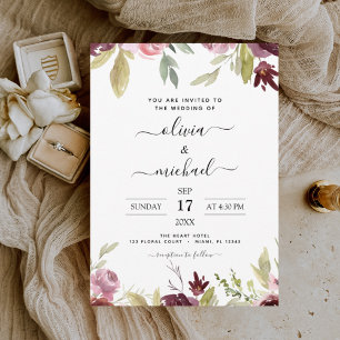 Flyer Convite de Casamento Floral Rosa Borgonha Econômic