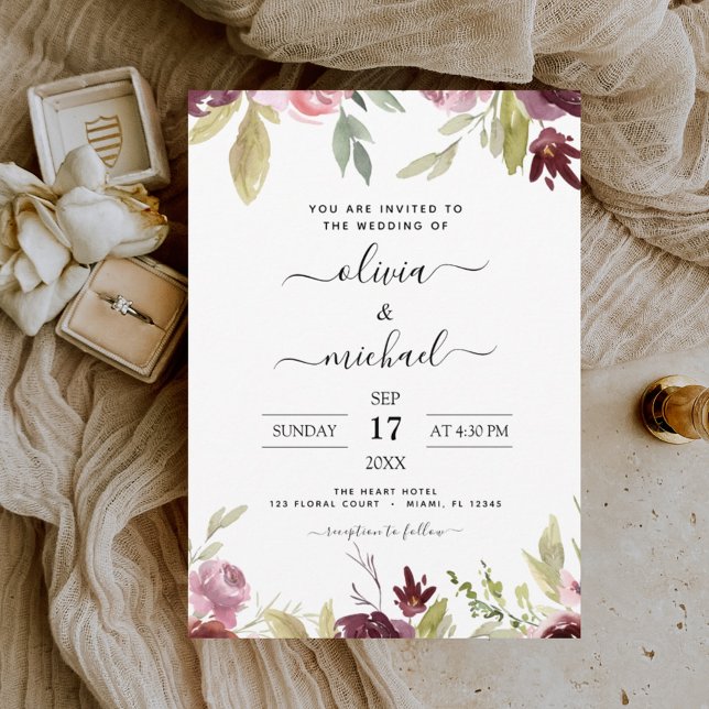 Flyer Convite de Casamento Floral Rosa Borgonha Econômic (Criador carregado)