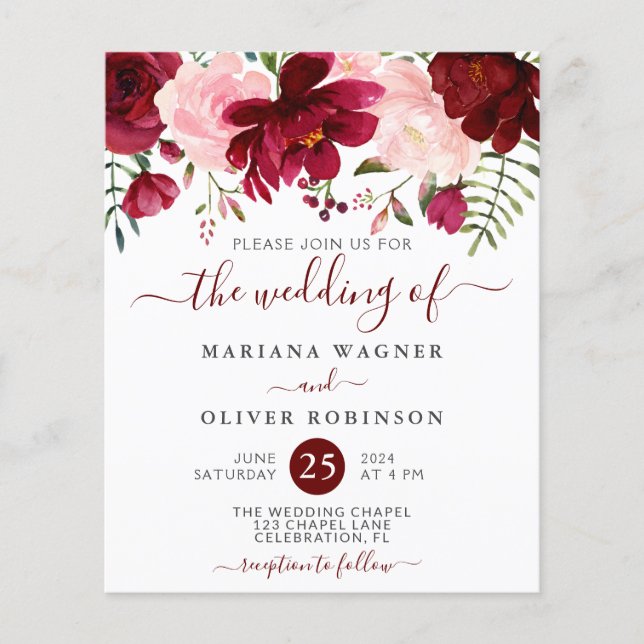 Flyer Convite de casamento floral rosa Borgonha econômic (Frente)