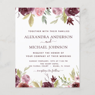 Flyer Convite de Casamento Floral Rosa Borgonha Econômic