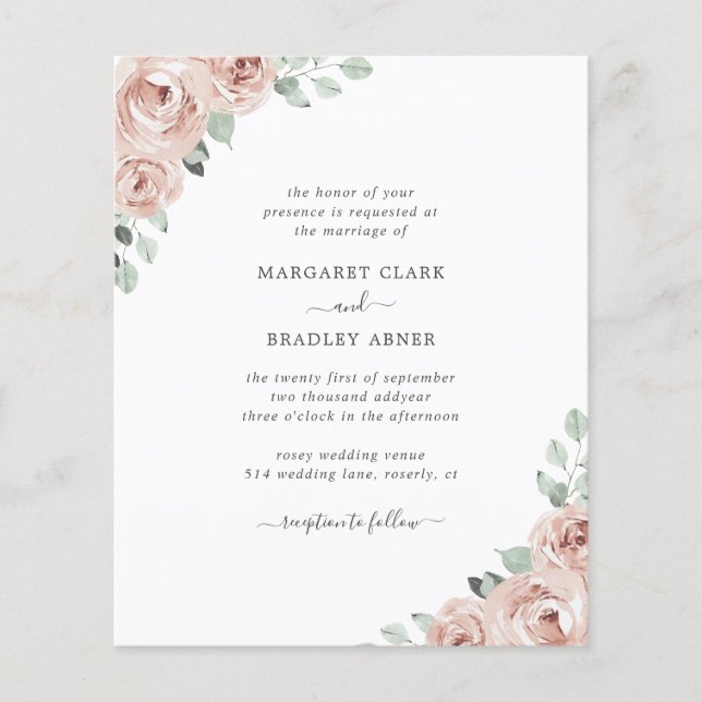 Flyer Convite de Casamento Floral Rosa Po dusty Orçament (Frente)