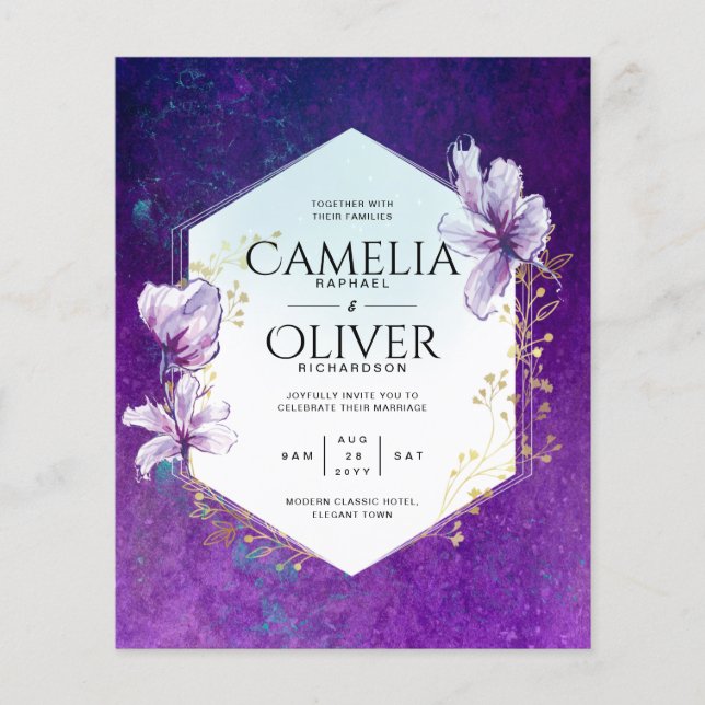 Flyer Convite de casamento Floral Roxo de Plum (Frente)