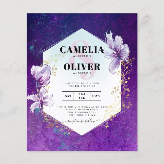 Flyer Convite de casamento Floral Roxo de Plum (Frente)
