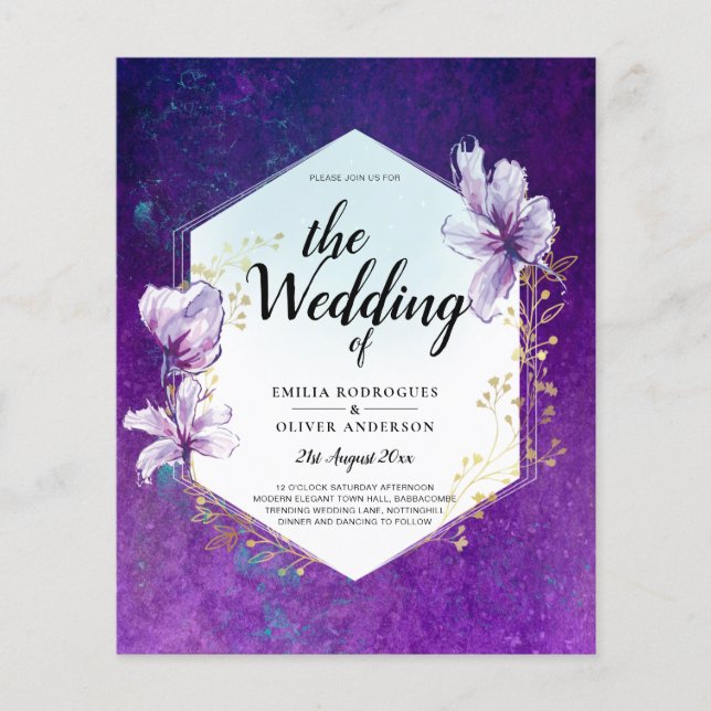 Flyer Convite de casamento Floral Roxo de Plum (Frente)