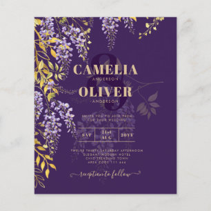 Flyer Convite de Casamento Floral Roxo Dourado WISTERIA