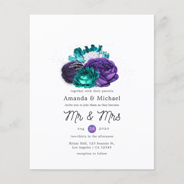 Flyer Convite de casamento Floral Rustic Violet e Turquo (Frente)