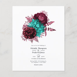 Flyer Convite de Casamento Floral Turquesa e Borgonha