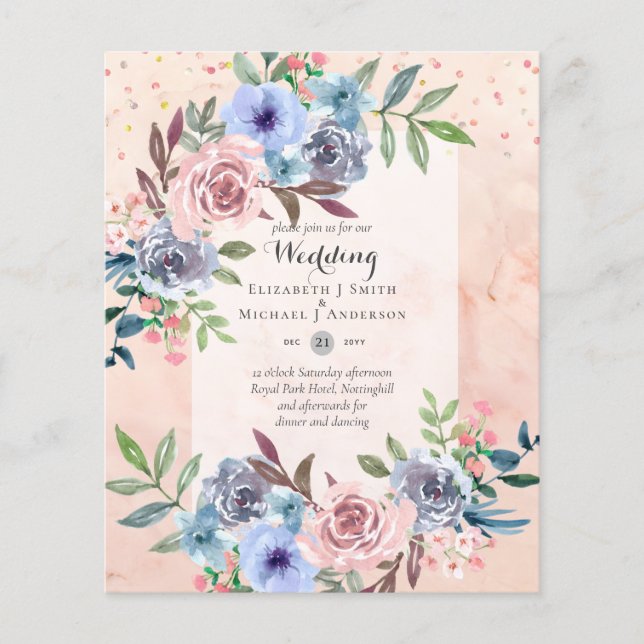 Flyer Convite de Casamento Flores Rosa Azul MENOR ORÇAME (Frente)
