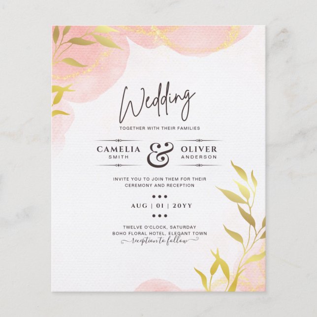 Flyer Convite de Casamento Folhas Douradas Cor de Coral  (Frente)