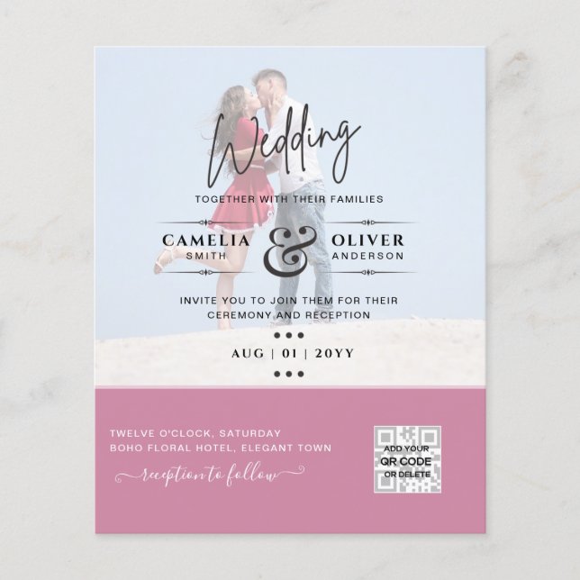 Flyer Convite de Casamento Foto Rosa Código QR Salvar Da (Frente)